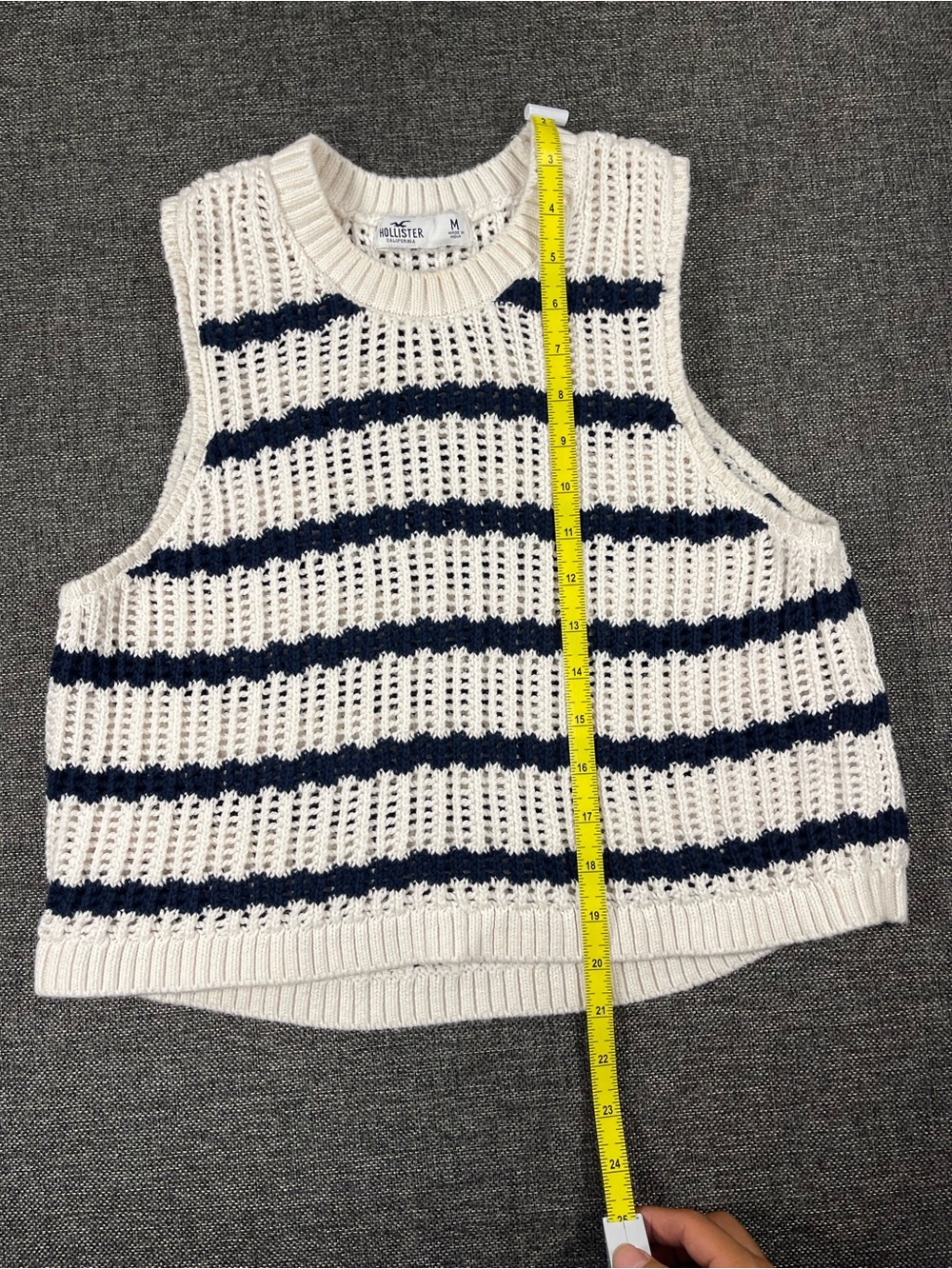 Hollister Cream and Navy Striped Crochet Knit Sleeveless Sweater Vest - Picture 2 of 5
